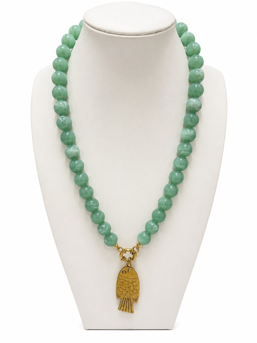 NEW Green Resin Bead Necklace Gold Fish Pendant Stainless Steel Charm 20”